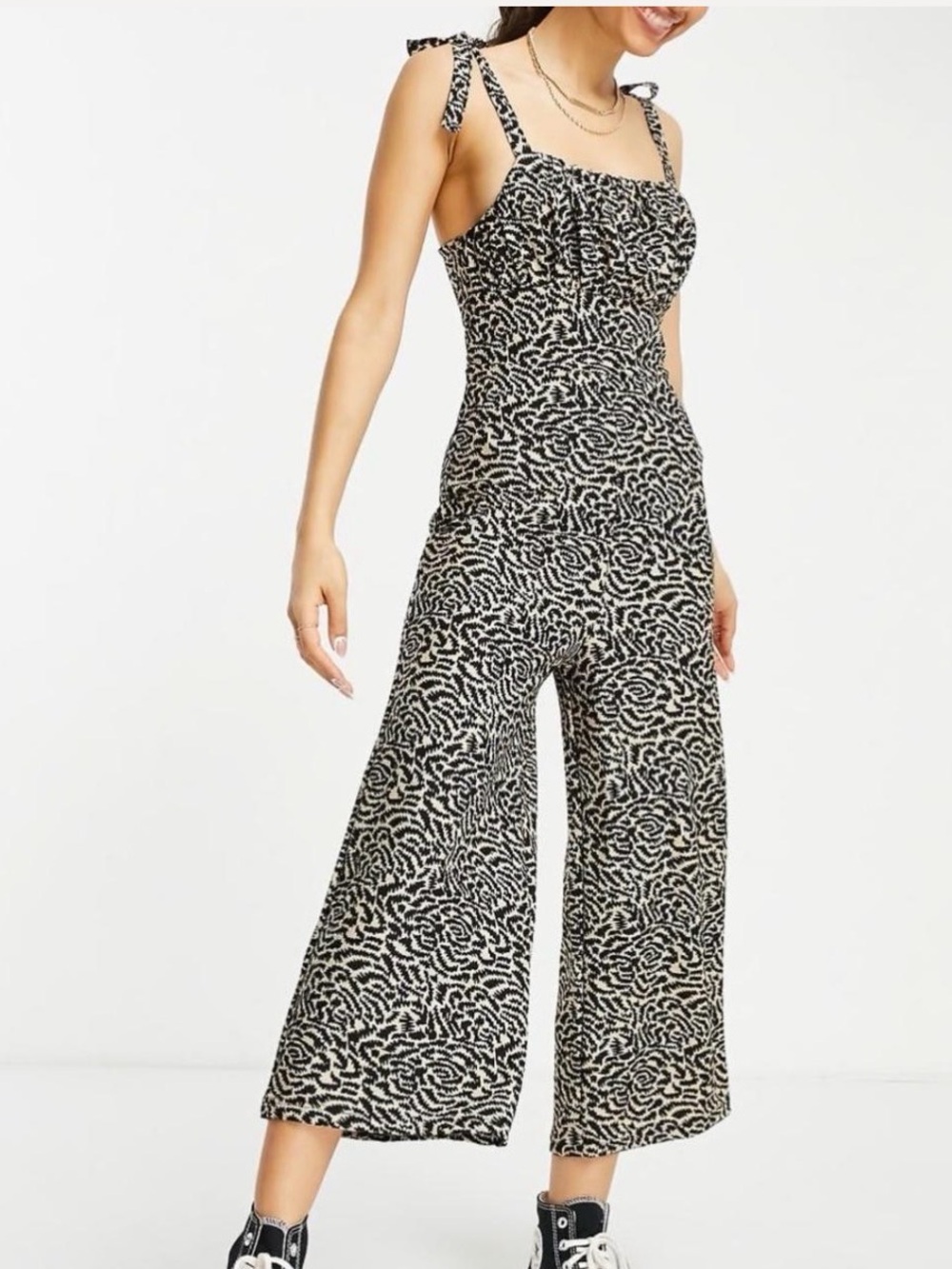 Tie-Strap Wide-Leg Jumpsuit in Black and White
